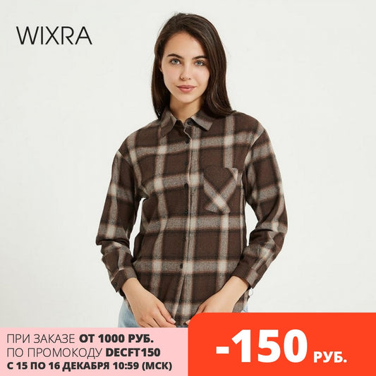 Wixra Women Blouse Tops Turn-down Collar Loose Long Sleeve Plaid Casual Shirts Lady Casual Style Tops Clothes Blusas