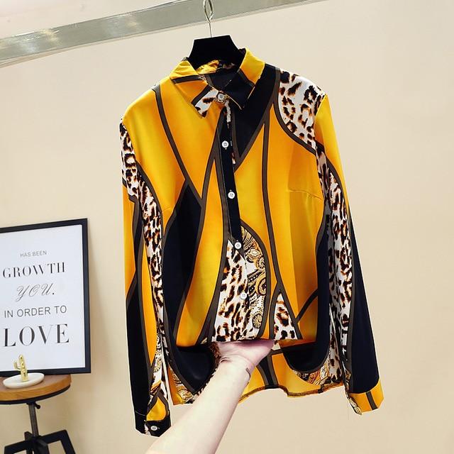 Spring Autumn Women's Shirt New Korean Retro Loose Contrast Color Leopard Chiffon Blouse Commuter Long Sleeve Tops GD271
