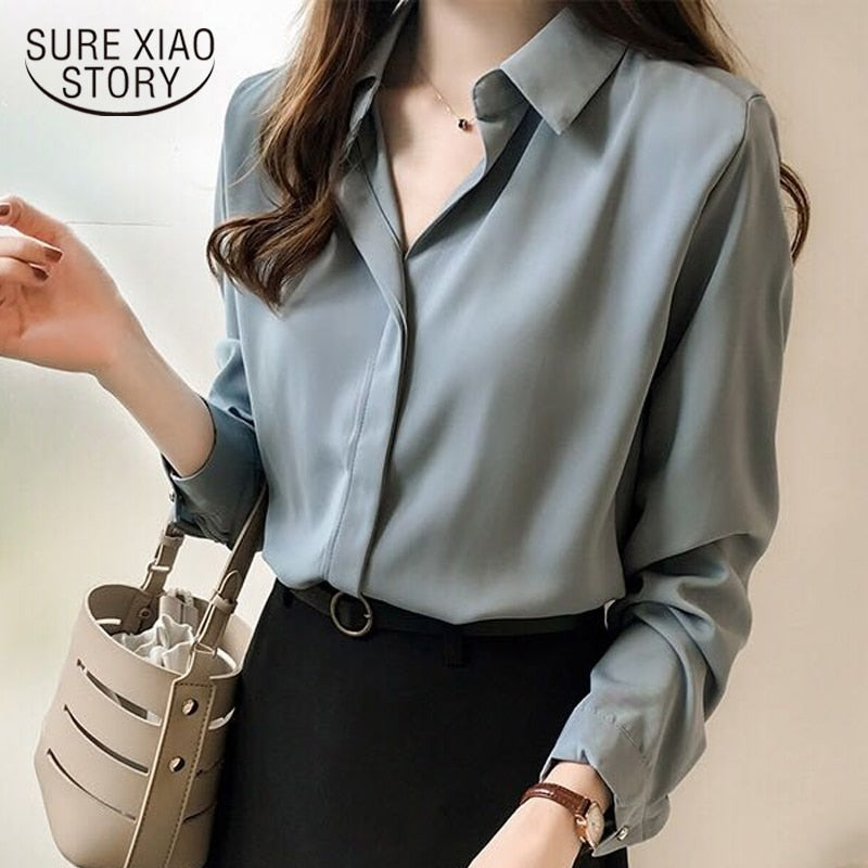 Spring Women 2021 Fashion Blouses Solid Plus Size Female Clothes Loose Shirt Long Sleeve Blouse Simple OL Feminine Blusa 1181 40