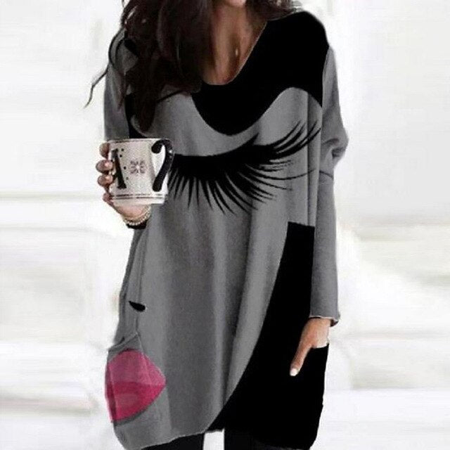 Elegant Women Abstract Face Print Blouse Shirt Autumn Long Sleeve Pockets Irregular Ladies Tops Casual V Neck Female Shirt Blusa