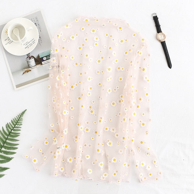 Summer Autumn Women Casual Mesh Pattern Daisy Flower Printed Blouse Tops Girls Mesh Shirts See Through Shirt For Female