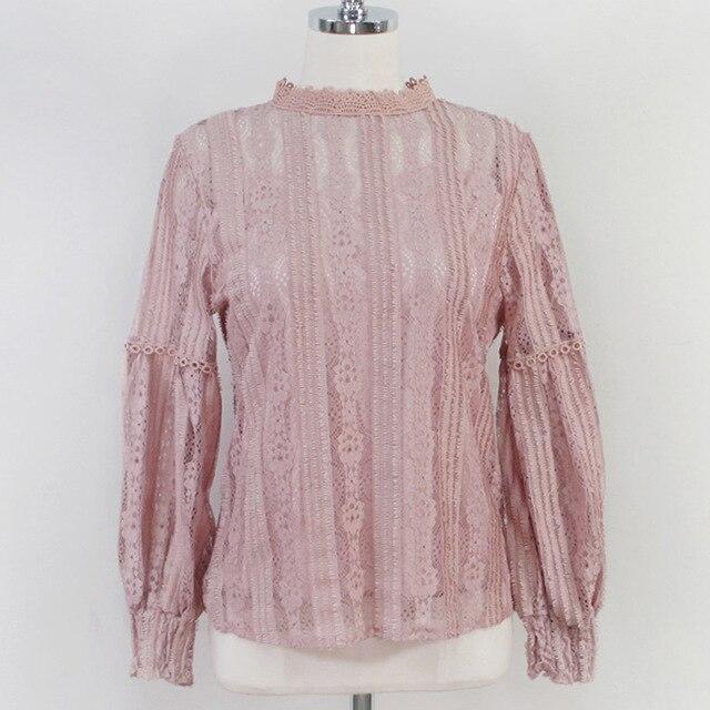 2020 Autumn Sweet Pink Shirts Long Sleeve Lace Blouse for Women Vintage Spliced Solid Womens Clothing Blusas Mujer De Moda 6899