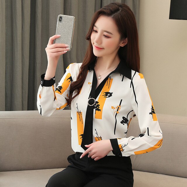Elegant Loose Women Tops and Blouse Fashion Plus Size Tops 2021 Spring Long Sleeve Print Office Lady Shirt  Blusas 8087 50