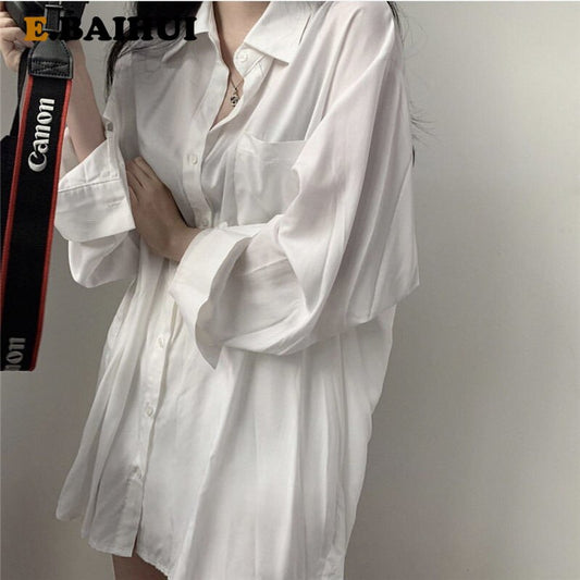E-BAIHUI Chic Solid Shirts Long Sleeve Blouse Plus Size Shirts Oversize White Blouse Maxi Boyfriends Chemisier