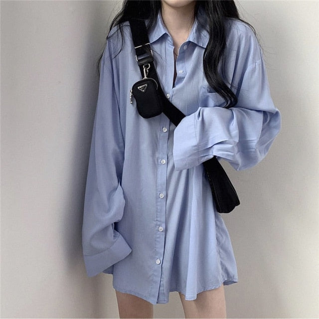E-BAIHUI Chic Solid Shirts Long Sleeve Blouse Plus Size Shirts Oversize White Blouse Maxi Boyfriends Chemisier