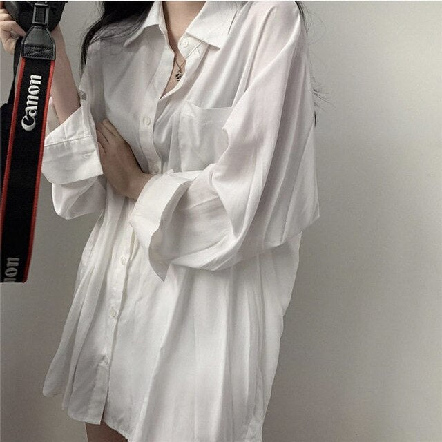 E-BAIHUI Chic Solid Shirts Long Sleeve Blouse Plus Size Shirts Oversize White Blouse Maxi Boyfriends Chemisier