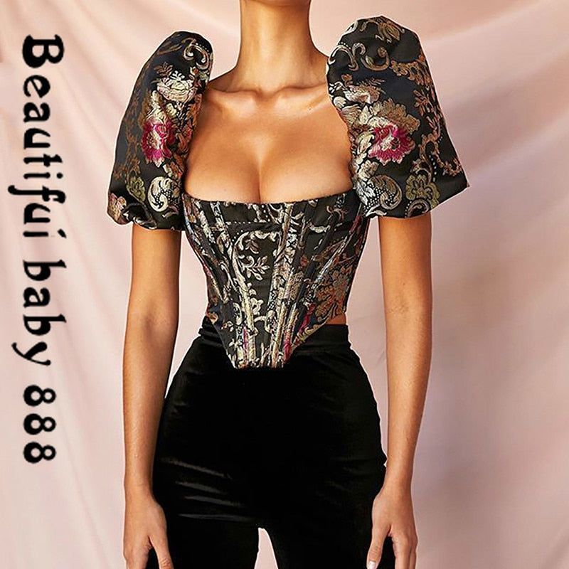 2020New summer Elegant Square Collar Jacquard Boned Bustier Crop Tops Shirt Puff Sleeve Sexy Backless Zipper Shirts Blouse Women