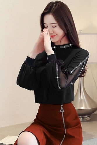 Chiffon Women Blouse Diamonds New 2021 Sexy Casual Hollow out Mesh korean Shirt Elegant Slim Stand Collar Women Tops blusa H34D