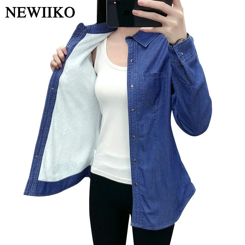 New Autumn winter women cotton flannel Warm thickening pocket long sleeve blouse Denim shirt casual flannel tops plus size