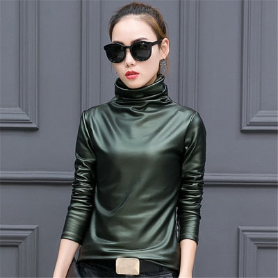 European punk plus size women blouse autumn turtleneck long sleeve tops shirt ladies velvet stretch camisas PU leather blouses
