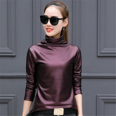 European punk plus size women blouse autumn turtleneck long sleeve tops shirt ladies velvet stretch camisas PU leather blouses