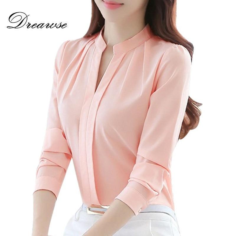 Dreawse Spring Autumn Women Tops Long Sleeve Casual Chiffon Blouse Female V-Neck Work Wear Solid Color White Office Shirts 2550