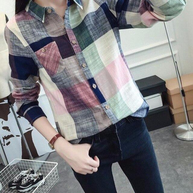 Rainbow Plaid Shirts Women Blusas Femininas Elegante Long Sleeve Shirt Femme Plus Size Clothing Women Tops and Blouses