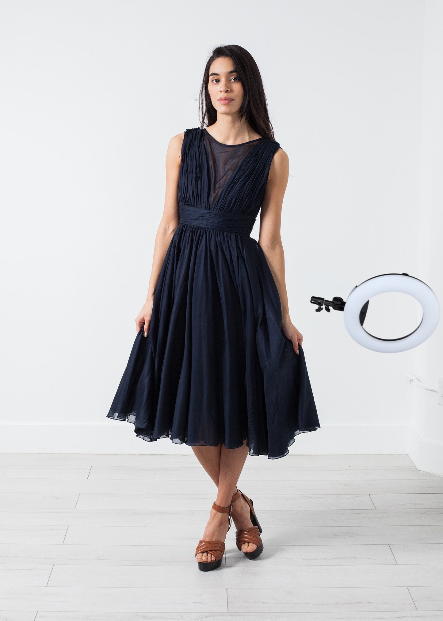 Voile V-Neck Dress in Navy
