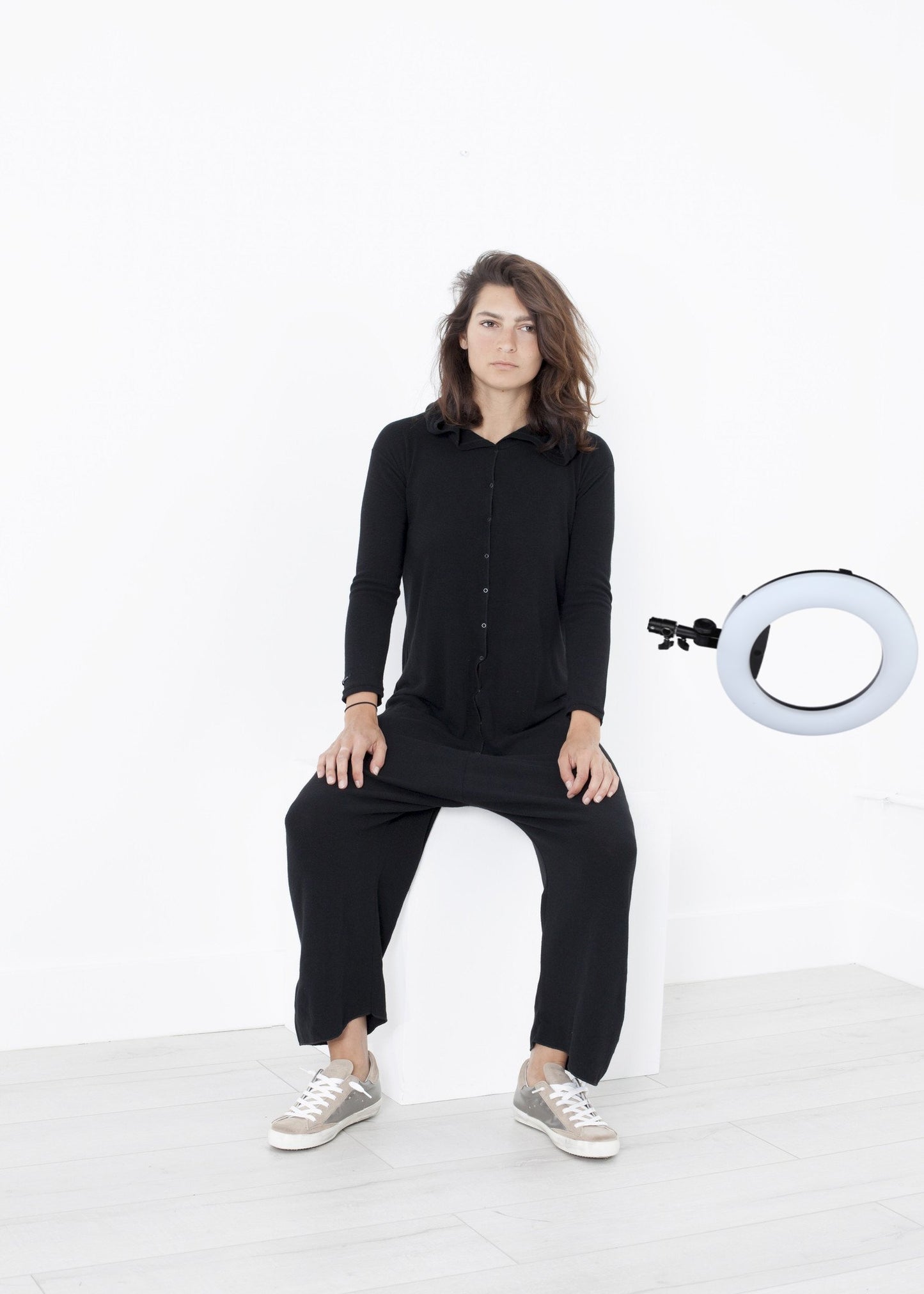 Knit Hooded Jumpsuit in Black