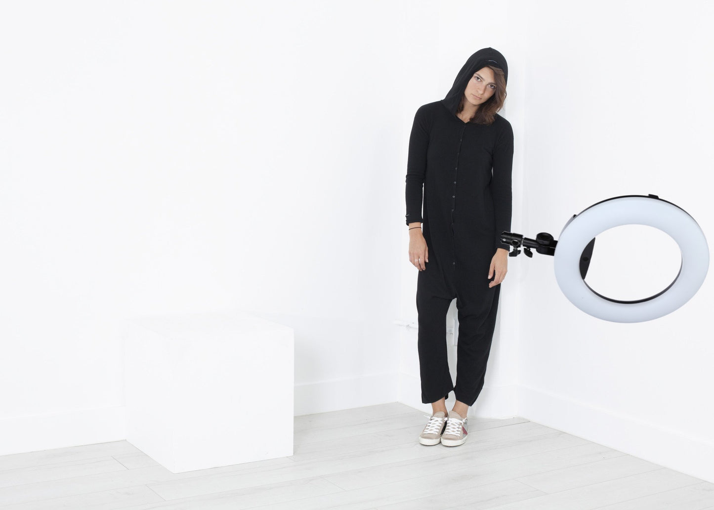 Knit Hooded Jumpsuit in Black