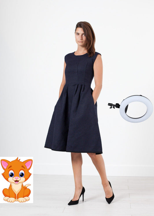 Pleated Rita Dress in Dark Navy