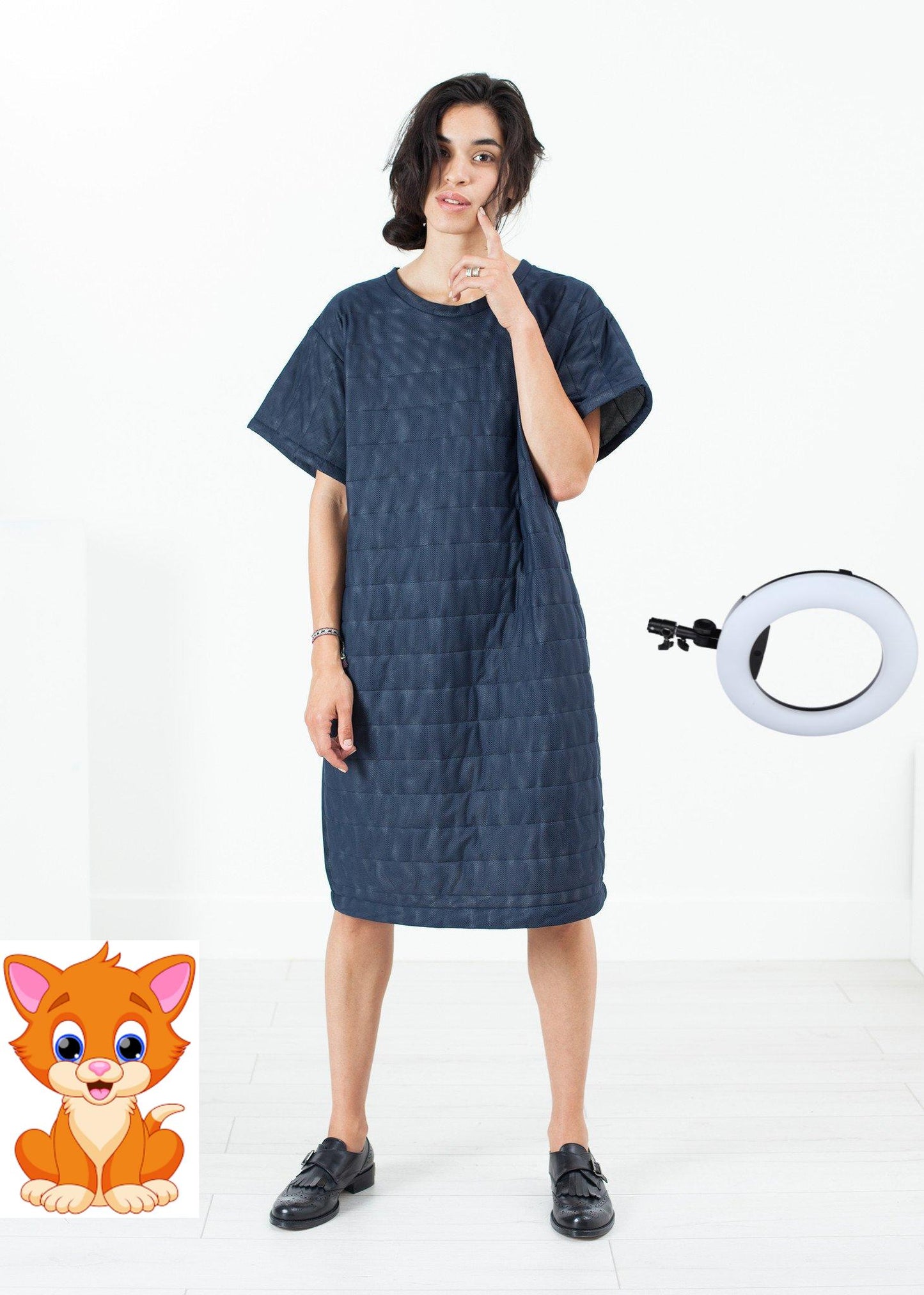 Quilted Mesh T-Shirt Dress in Navy