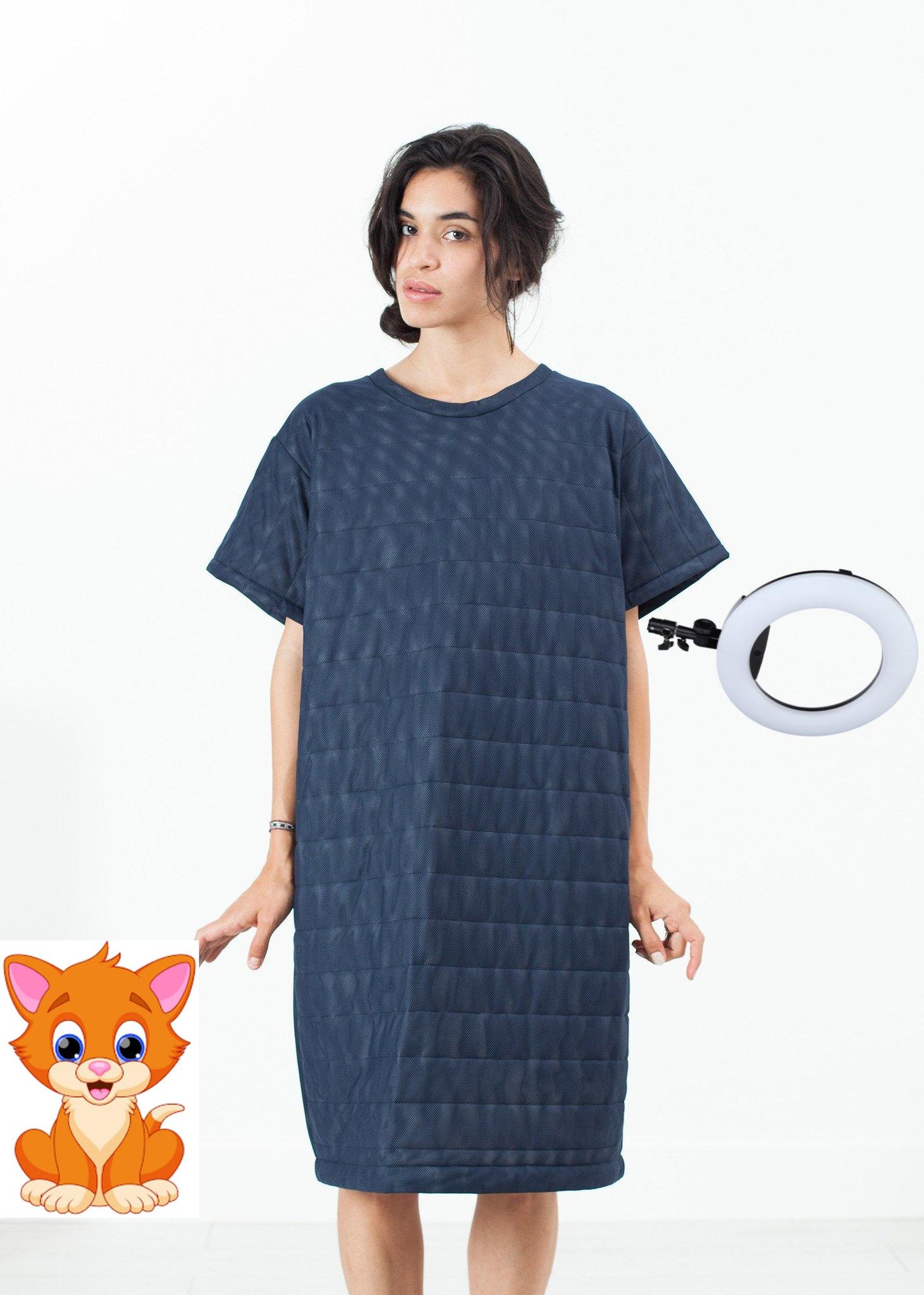 Quilted Mesh T-Shirt Dress in Navy