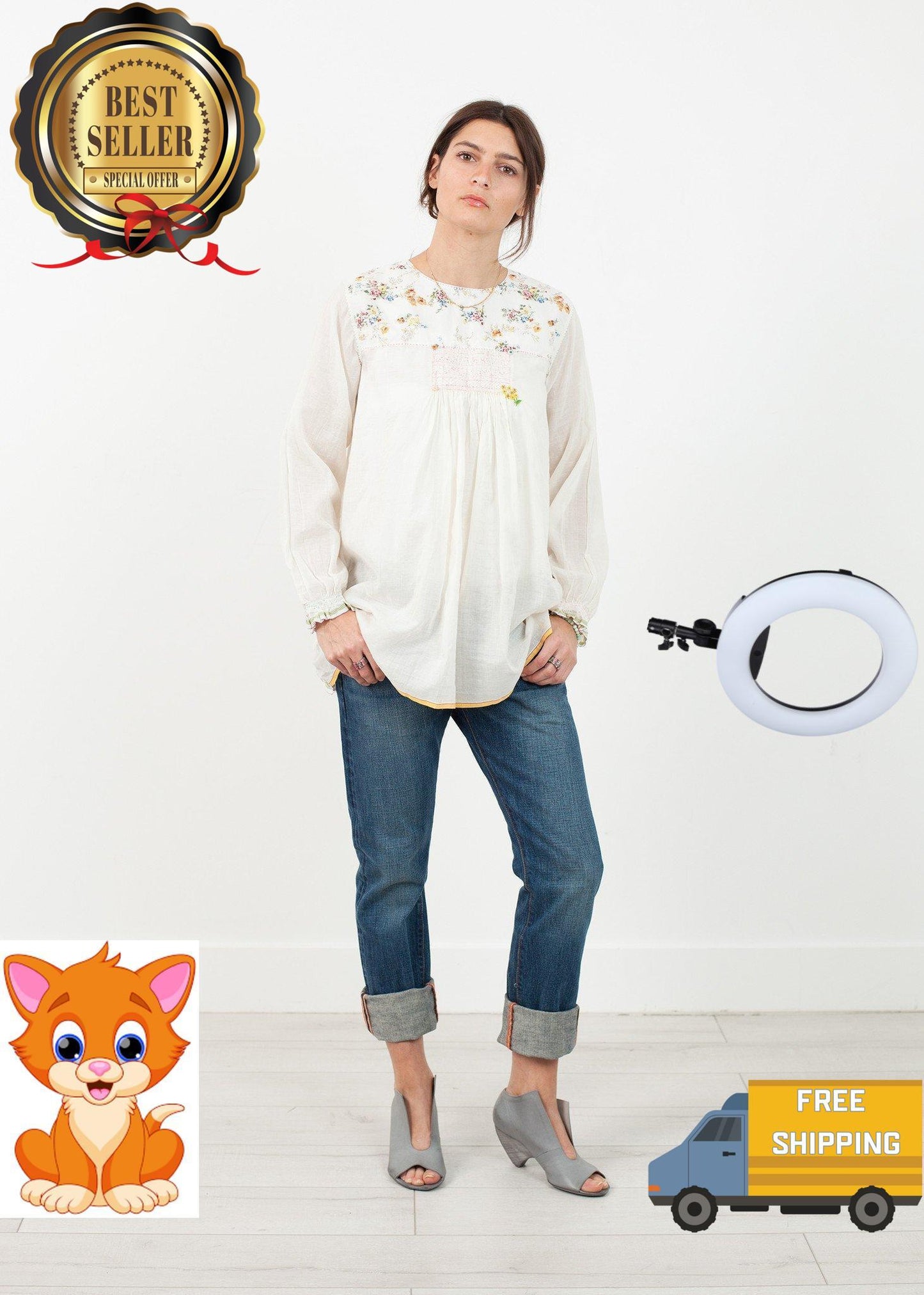 Floral Front Peasant Blouse in White