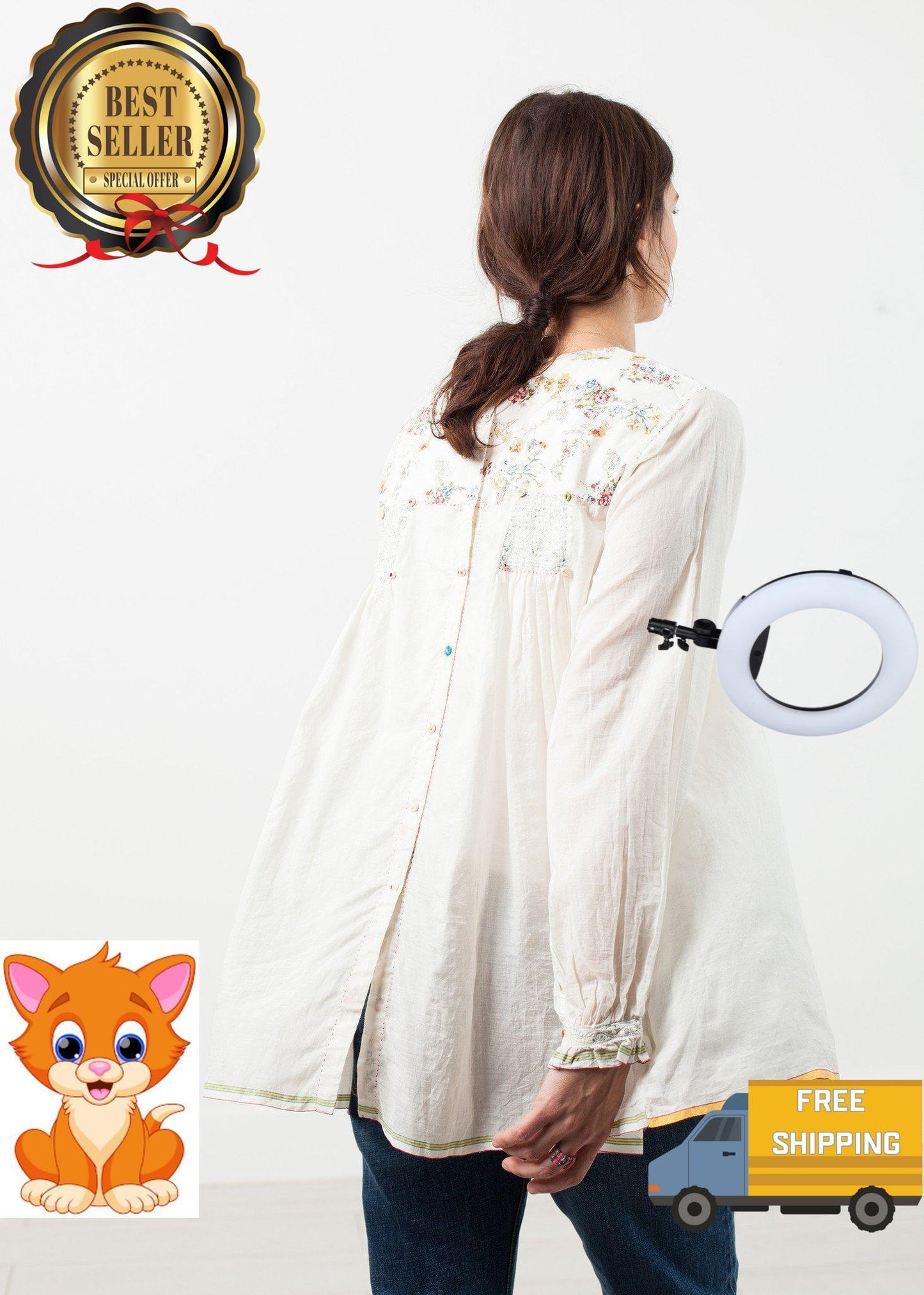 Floral Front Peasant Blouse in White