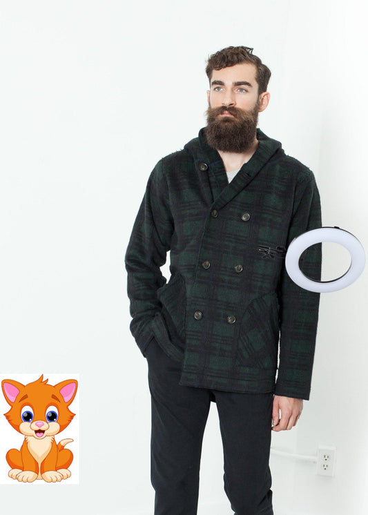 Double Breasted Hoodie in Forest Plaid