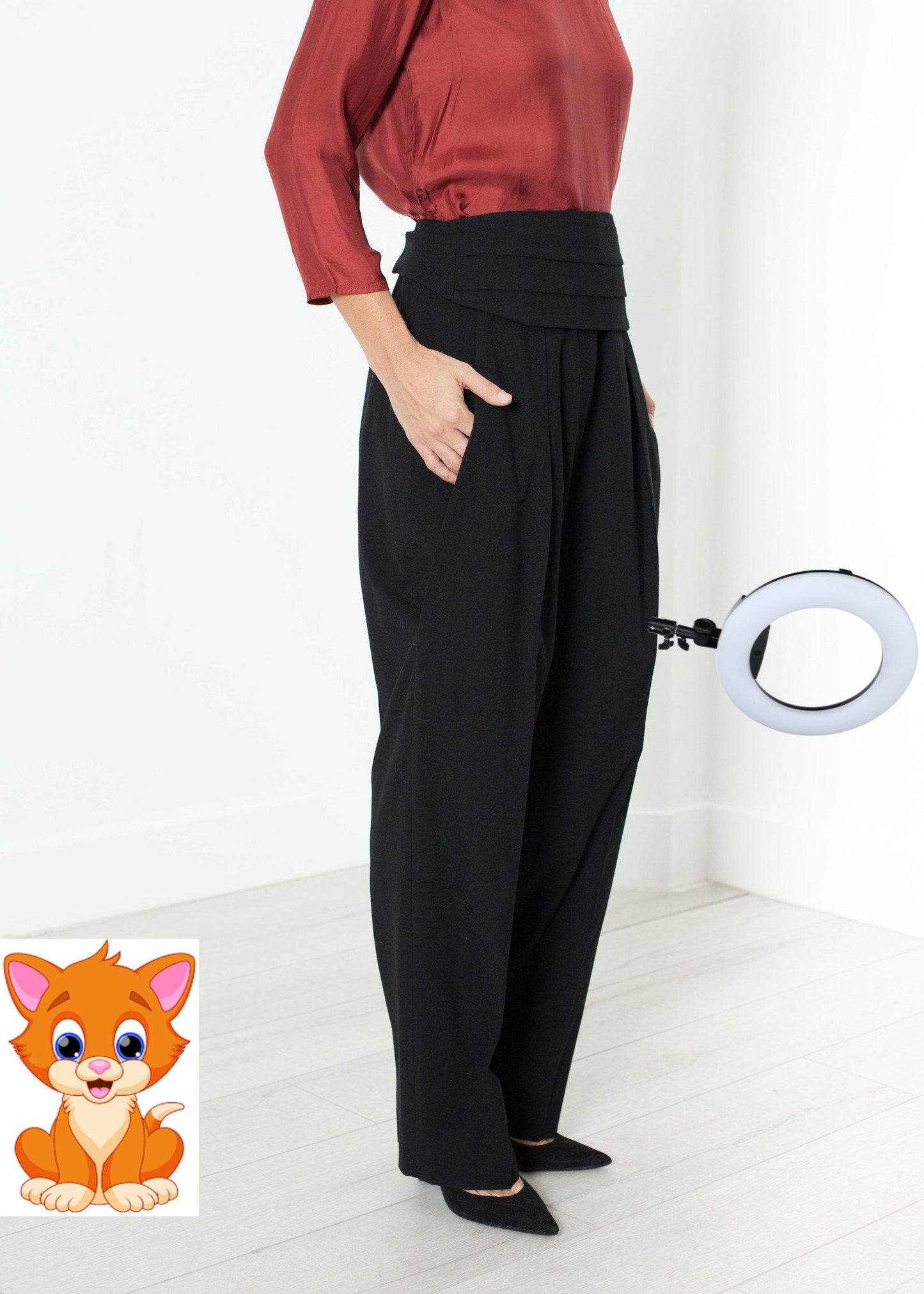 Pleated Waistband Trouser in Black