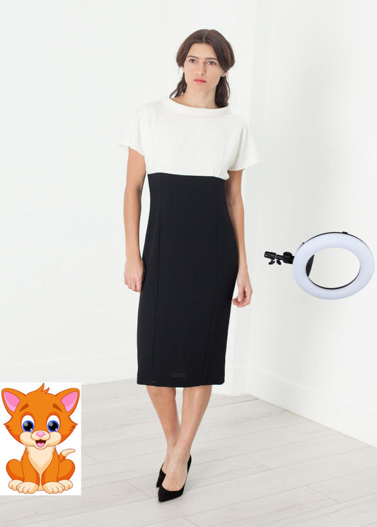 Pearl Fastened Dress in Cream/Black