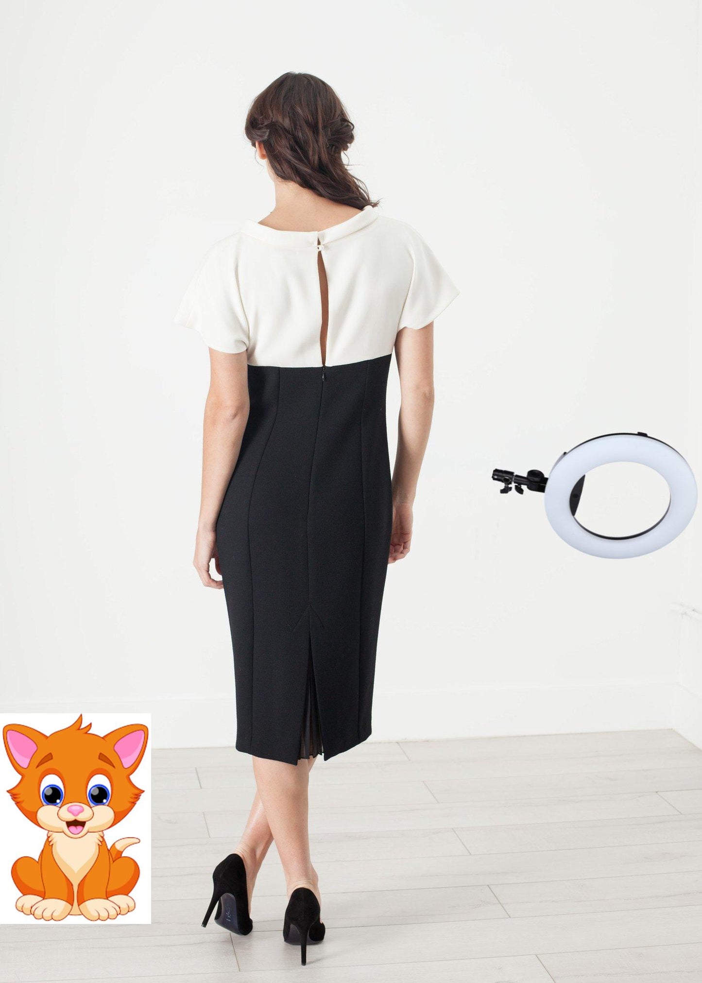 Pearl Fastened Dress in Cream/Black