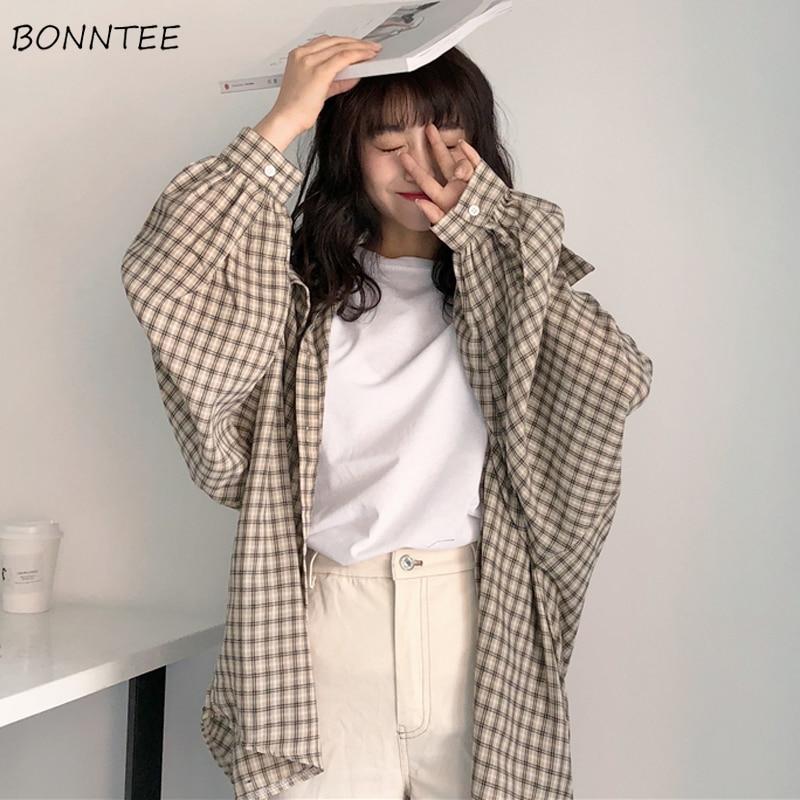Shirts Women Plaid Single Breasted Loose Leisure Students Simple All-match Full Sleeve Womens Shirt Korean Style Trendy Daily