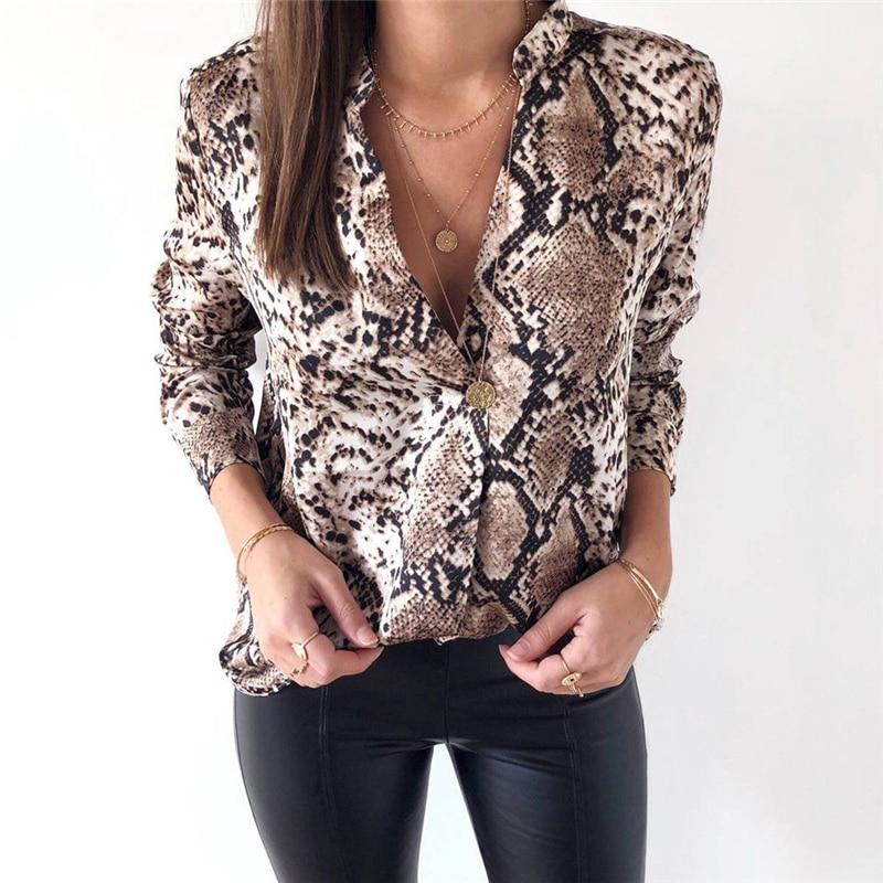Sexy Animal Snake Skin Printed Shirts Women Kimono Tops Blouse Long Sleeve Turn Down Collar Elegant Ladies Casual Blouses