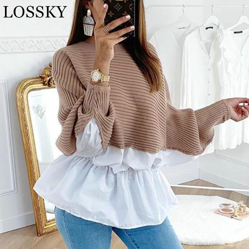 Autumn Winter Elegant Tunic Shirt Patchwork Casual O Neck Long Sleeve Ruffles Coffee Korean Blouse Shirts Street wear Clothing