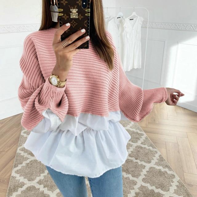 Autumn Winter Elegant Tunic Shirt Patchwork Casual O Neck Long Sleeve Ruffles Coffee Korean Blouse Shirts Street wear Clothing