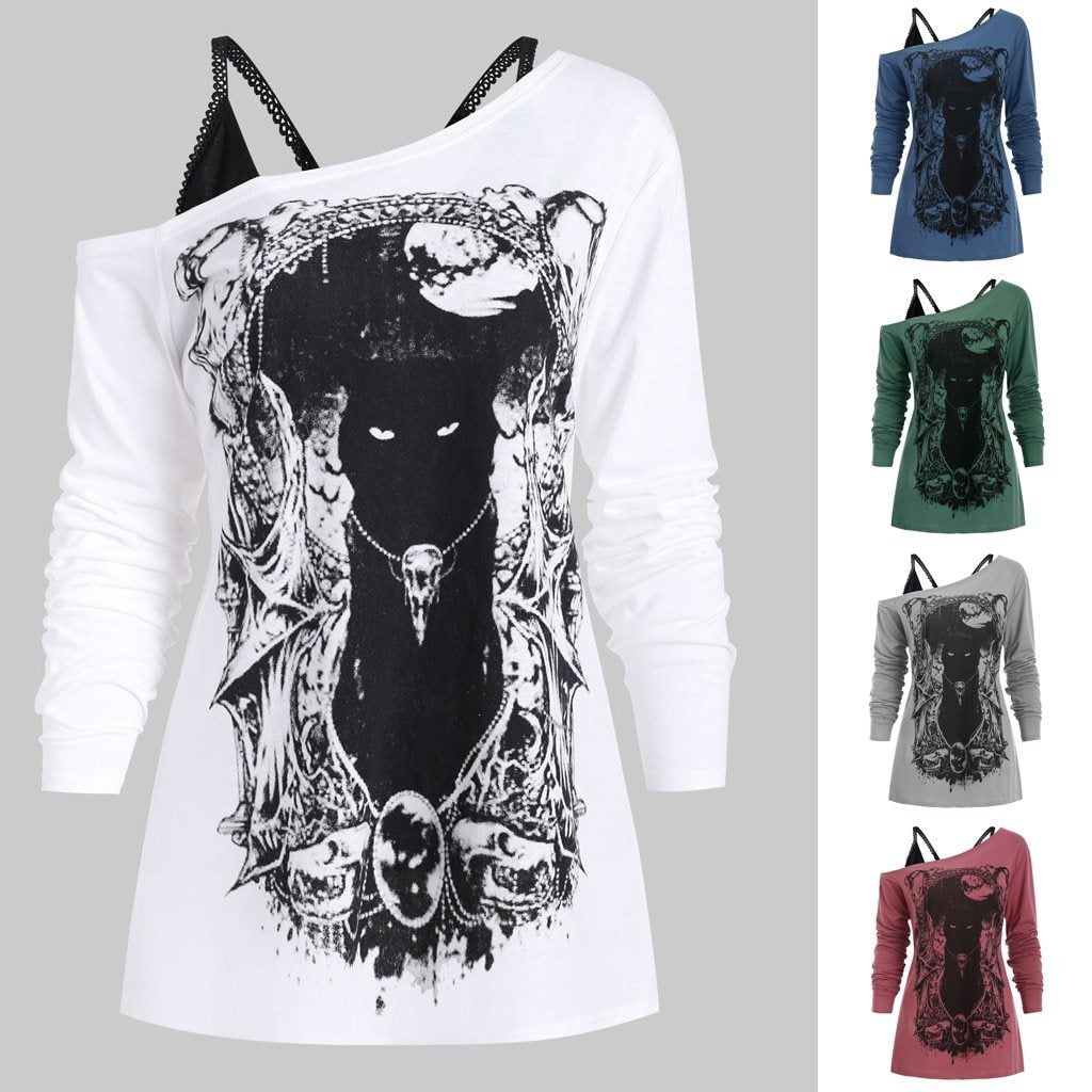 Fashion Blouse Women Shirt Skew Neck Cold Shoulder Cartoon Print Gothic Tee With Cami Women Tops Free Ship блузка женская Z4