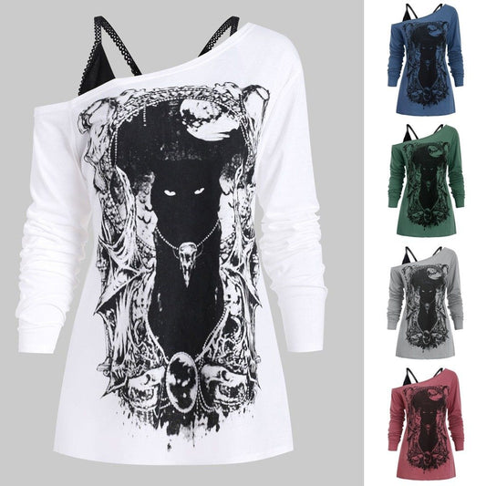 Fashion Blouse Women Shirt Skew Neck Cold Shoulder Cartoon Print Gothic Tee With Cami Women Tops Free Ship блузка женская Z4