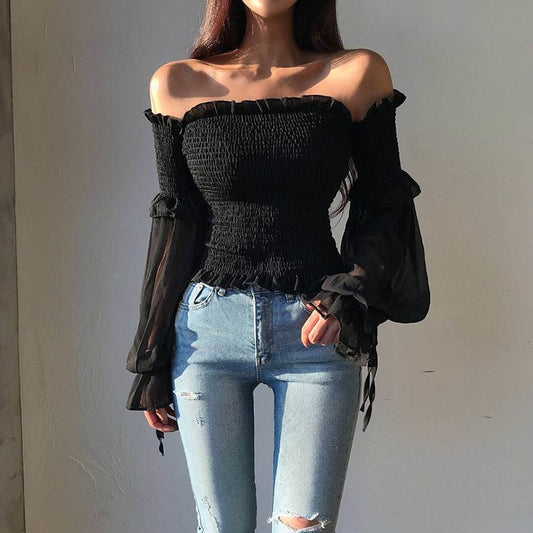 Solid Color Pleated Bow Fashion Women Ladies Long Sleeve Off Shoulder Cropped Tops Blouse Shirt Lace Up Corset