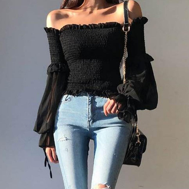Solid Color Pleated Bow Fashion Women Ladies Long Sleeve Off Shoulder Cropped Tops Blouse Shirt Lace Up Corset