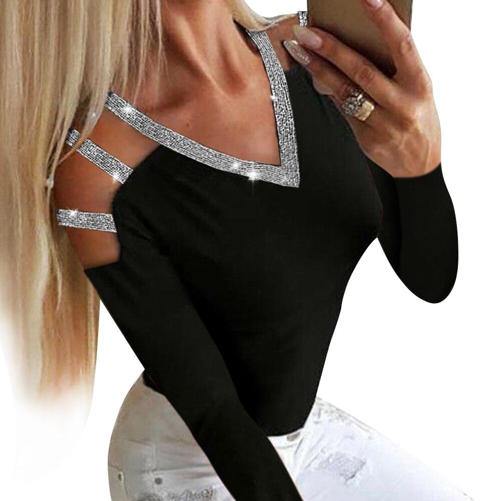 Women Blouse And Tops Autumn Hollow Out Off Shoulder V-neck Drilling Shirts For Ladies Fashion Long Sleeve Female Blusas Top D35