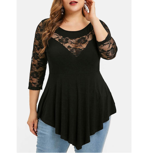 Feitong Women Blouse Plus Size Lace Ornament Hollow Out Patchwork Solid Floral O-Neck Asymmetric Three Quarter Sleeve Top Blouse