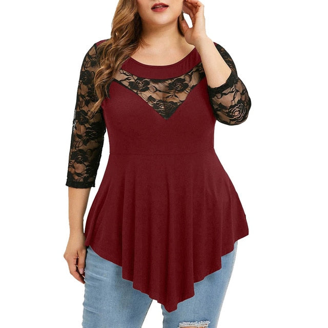 Feitong Women Blouse Plus Size Lace Ornament Hollow Out Patchwork Solid Floral O-Neck Asymmetric Three Quarter Sleeve Top Blouse