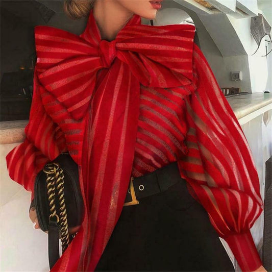 Women Mesh Sheer Striped Blouse See-through Long Sleeve Top Shirt Fashion Elegant Big Bowknot Black Red Shirt Female Blusas
