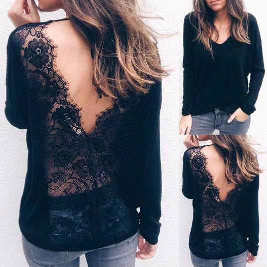 New Fashion Summer Tops Arrivals Sexy V-neck Open Back Lace Womens V-Long Sleeve Shirt