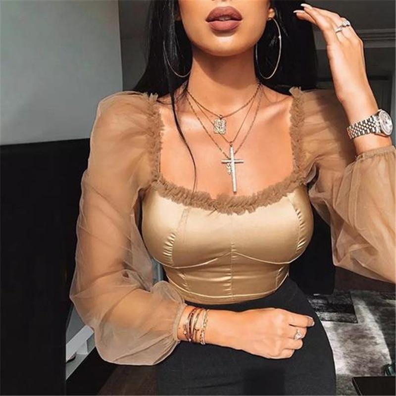 Womens Tops and Blouses Ladies Tulle Square Neck Frill Mesh Top Vintage Puff Long Sleeve Party Tee Shirt Elegant Blouse Top