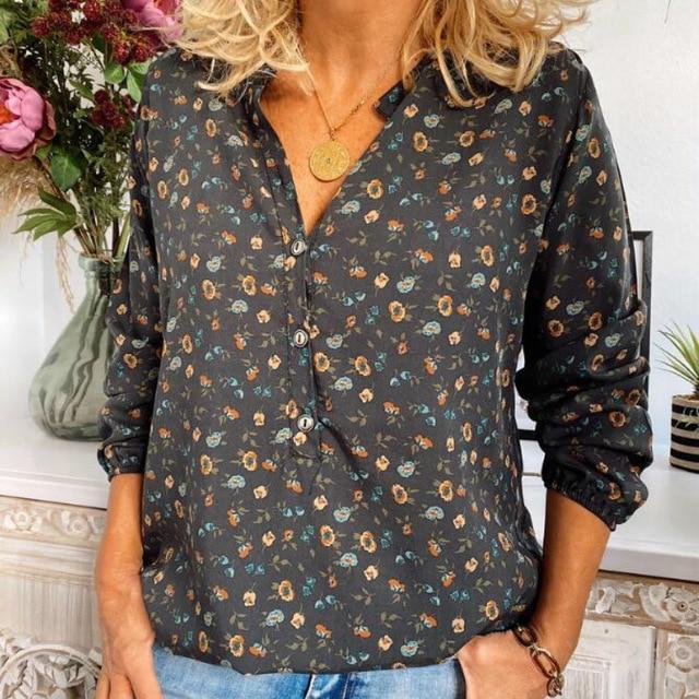 Women's Long Sleeve Autumn Spring Chiffon Blouse Casual Plus Size Blusas Streetwear Ladies Tops V Neck Floral Print Shirts 5XL