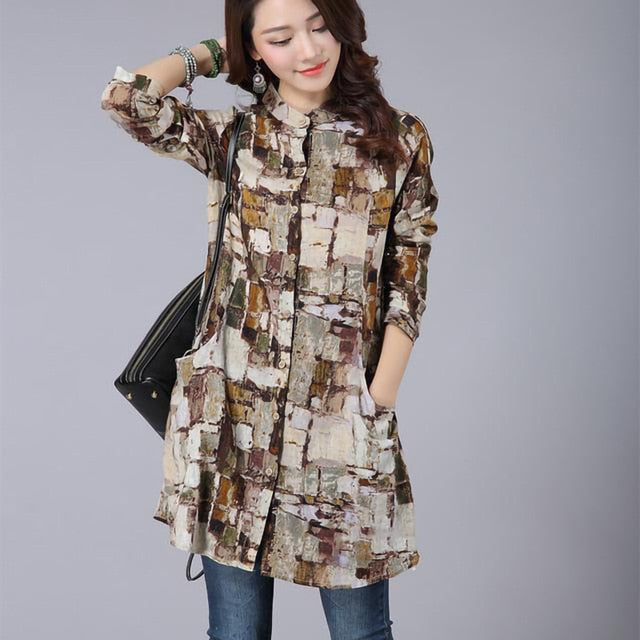 Long Shirt Women Vintage Cotton Linen Plaid Shirt Long sleeve Stand collar Ladies Casual Tops and Blouses