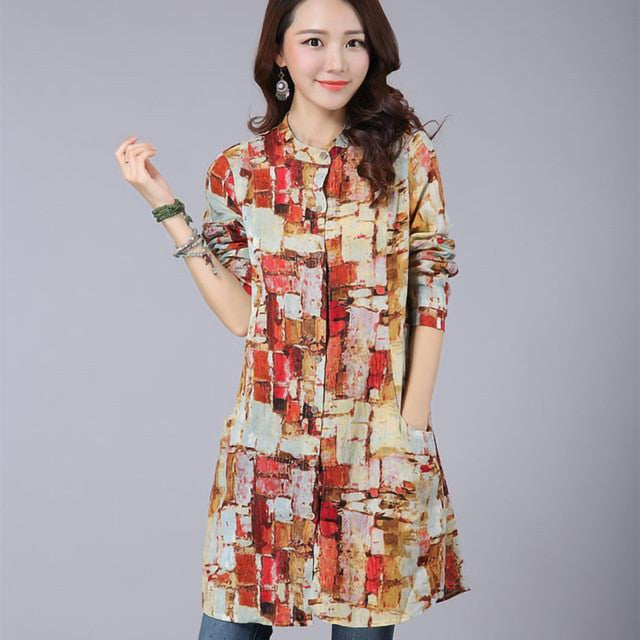 Long Shirt Women Vintage Cotton Linen Plaid Shirt Long sleeve Stand collar Ladies Casual Tops and Blouses