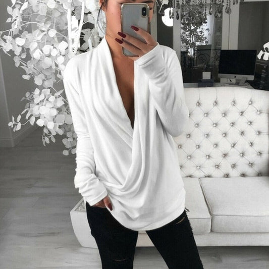 Women Sexy  Casual Loose Deep V Neck Long Sleeve Pleated Wrap Top Shirt Tunic Autumn Warm Winter Blouse Female Blusas Hot