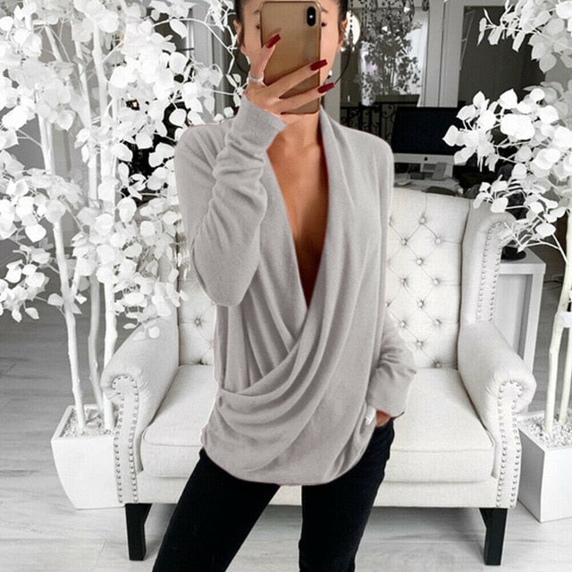 Women Sexy  Casual Loose Deep V Neck Long Sleeve Pleated Wrap Top Shirt Tunic Autumn Warm Winter Blouse Female Blusas Hot