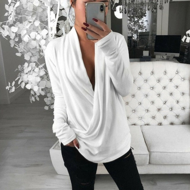 Women Sexy  Casual Loose Deep V Neck Long Sleeve Pleated Wrap Top Shirt Tunic Autumn Warm Winter Blouse Female Blusas Hot