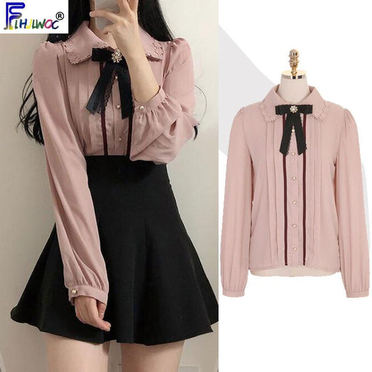 2020 Spring Women's Cute Tops Preppy Style Vintage Japaneses Korea Design Button Elegant Formal Shirts Blouses Pink White 12020